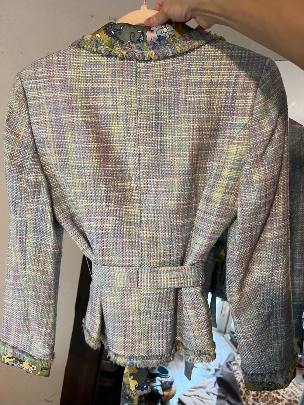 Bergamo Pastel Tweed Belted Blazer w Skirt in Lavender & Green - Picture 3 of 9